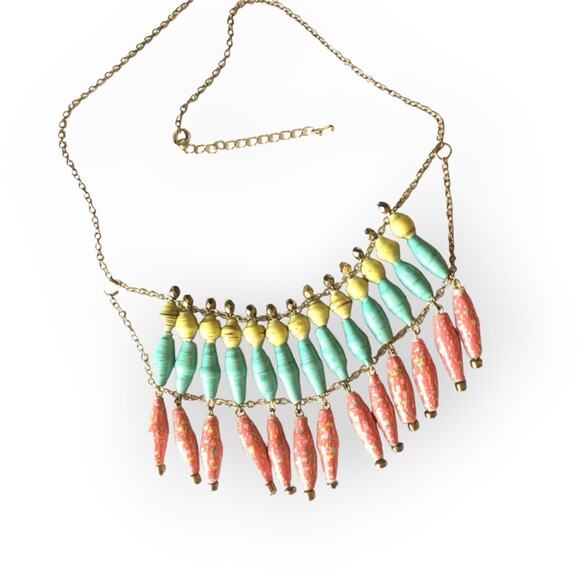 Bright springtime colors paper bead statement necklace - Picture 2 of 10